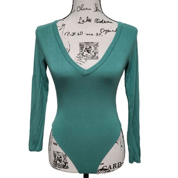 💚 JLUXLABEL Long Sleeve Deep V-Neck Green Snap Button Thong Bodysuit SIZE S - Picture 4 of 12